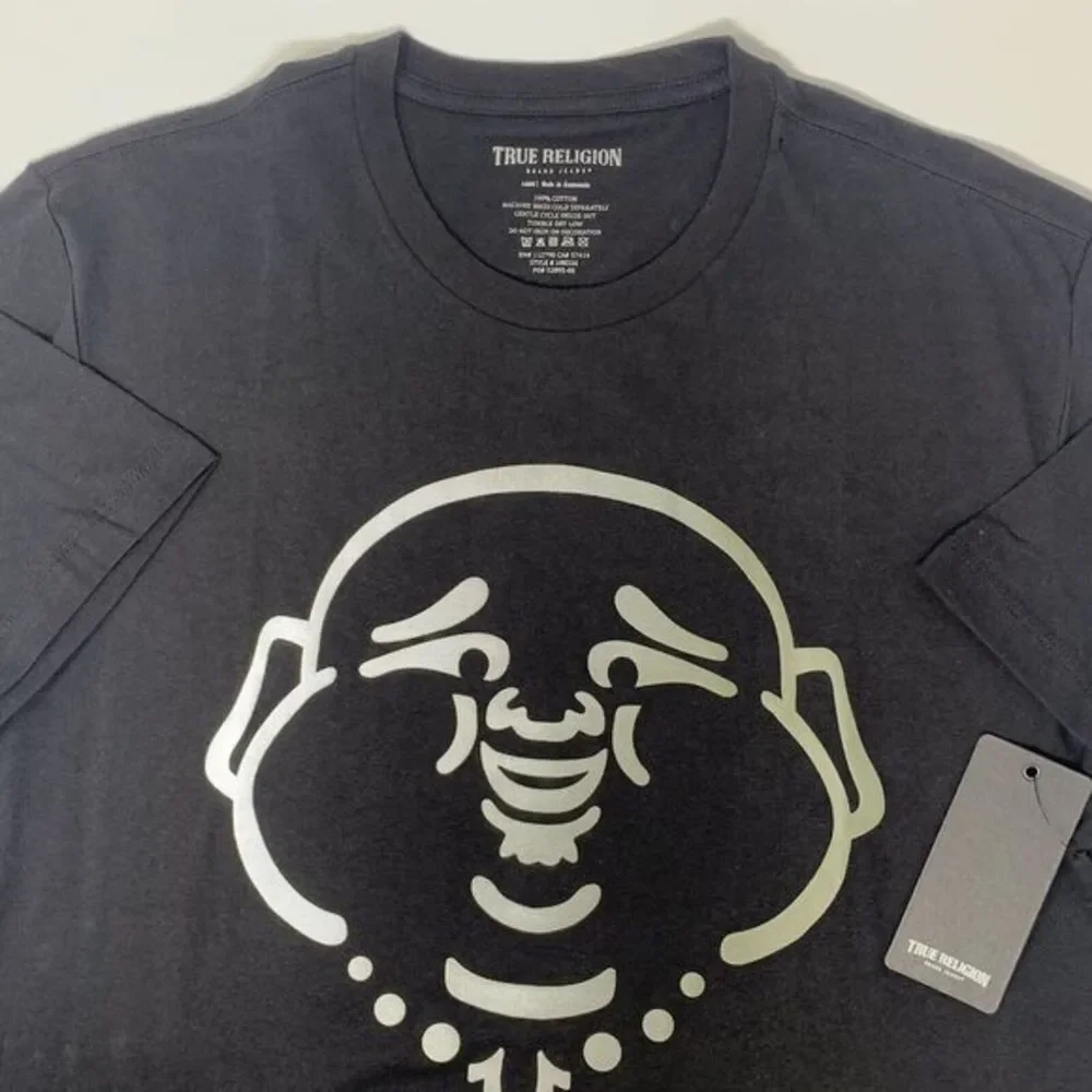 True Religion‎ Jet Black Ombre Buddha Face Short Sleeve Men's T-Shirt Size Large
